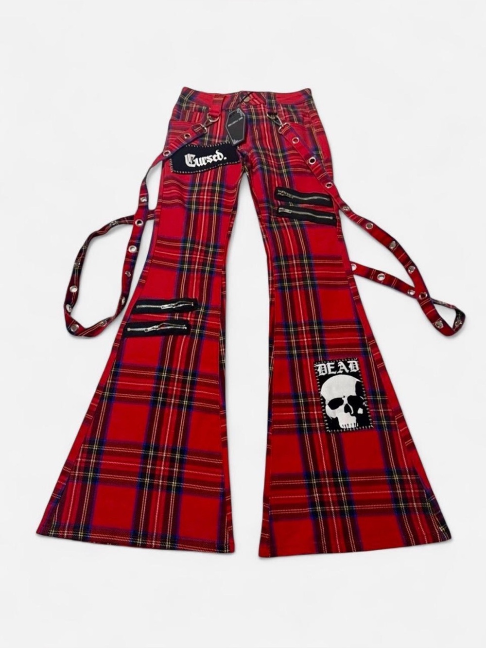Dolls Kill The Grave Girls Red Low Rise Skinny Flared Plaid Aurora Cargo Jeans S